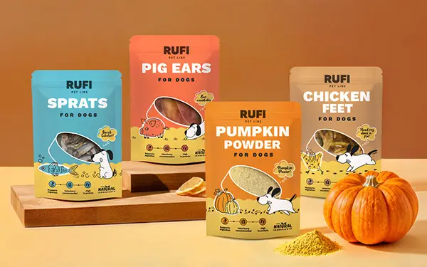 Creative pouch packaging design for Rufi brand showcasing modern branding style