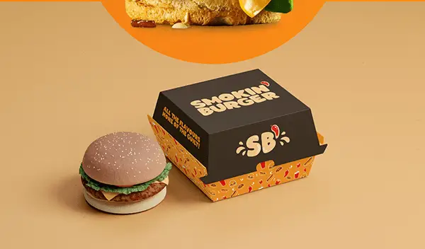 Bold and creative branding and packaging design for Smokin Burger highlighting modern fast-food identity